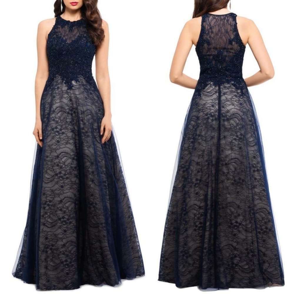 XSCAPE BEAUTIFUL GOWN WITH TULLE NAVY BLUE AND CREAM NORDSTROM BALL GOWN